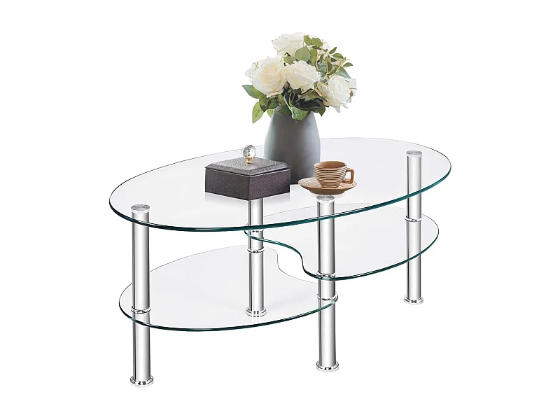 Table basse en verre transparente avec 3 etagères en verre trempé, ovale 90x50x45cm