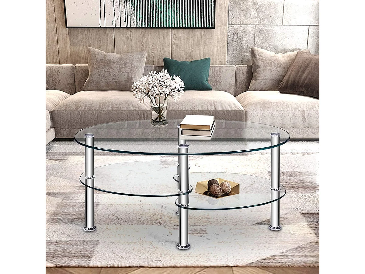 Table basse en verre transparente avec 3 etagères en verre trempé, ovale 90x50x45cm