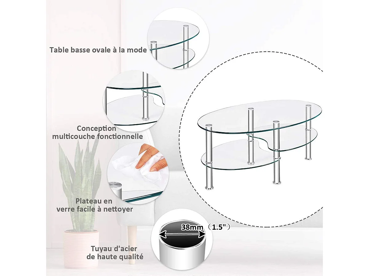 Table basse en verre transparente avec 3 etagères en verre trempé, ovale 90x50x45cm