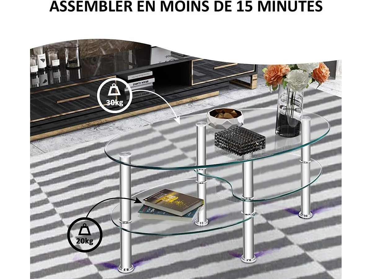 Table basse en verre transparente avec 3 etagères en verre trempé, ovale 90x50x45cm