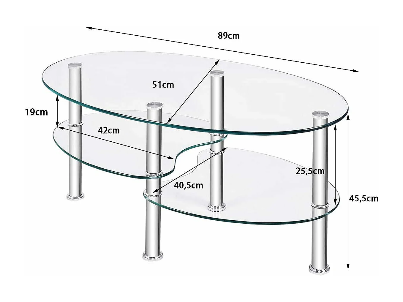 Table basse en verre transparente avec 3 etagères en verre trempé, ovale 90x50x45cm