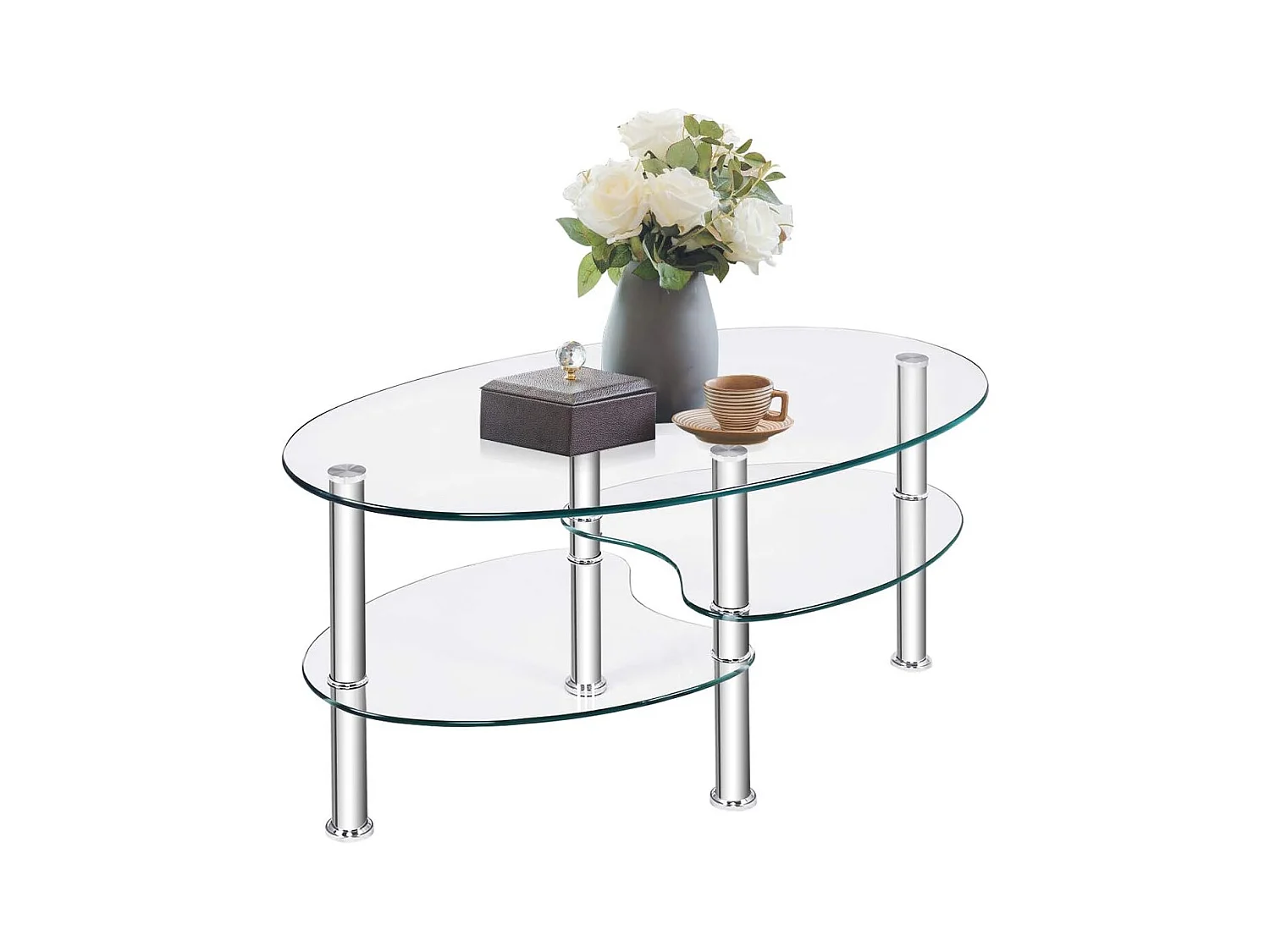 Table basse en verre transparente avec 3 etagères en verre trempé, ovale 90x50x45cm