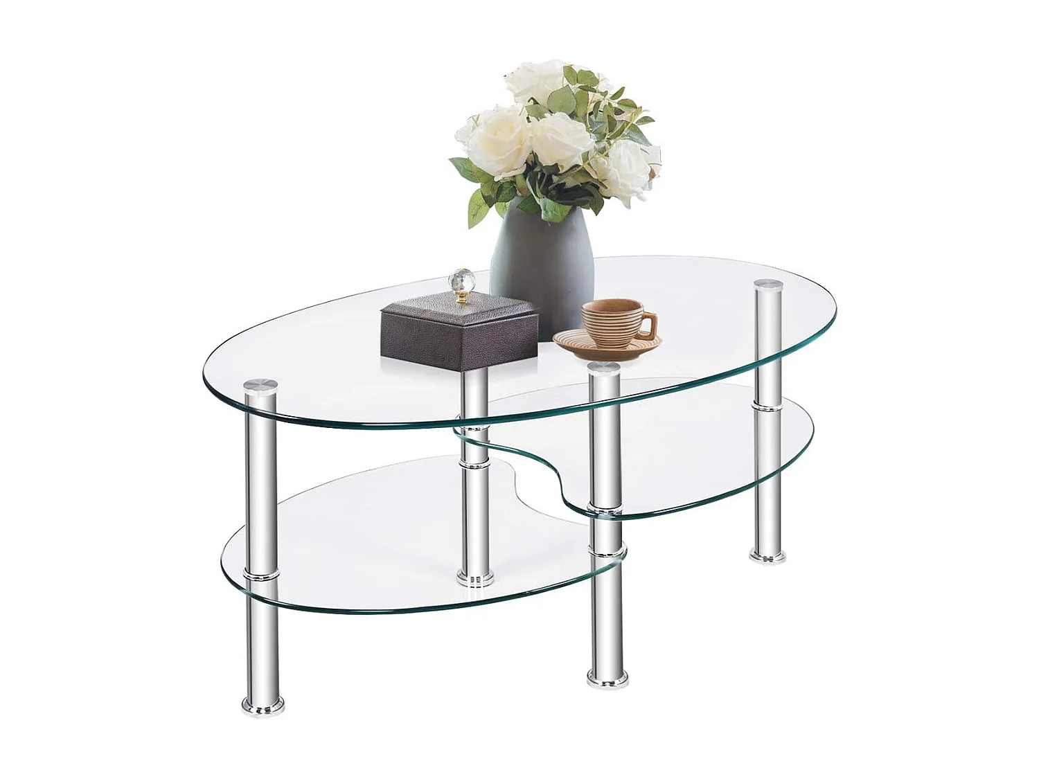 Table basse en verre transparente avec 3 etagères en verre trempé, ovale 90x50x45cm