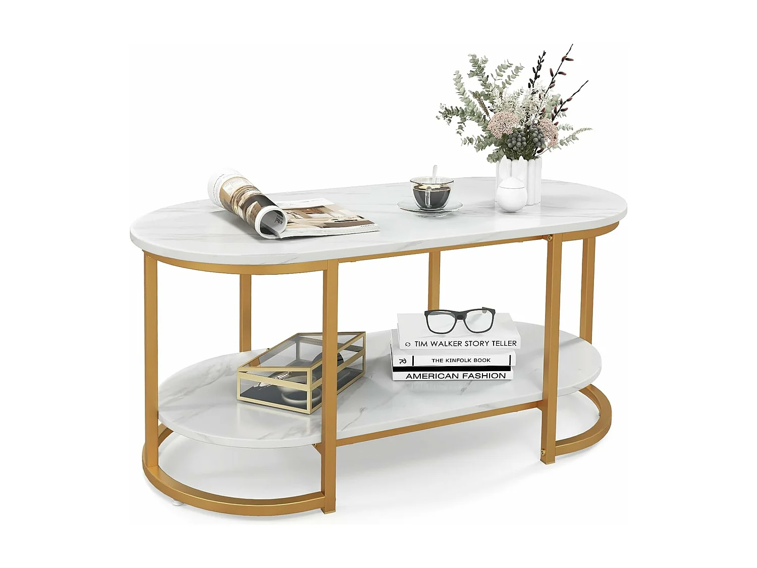 Table Basse Imprimée Marbre 2 Niveaux avec Cadre en Métal Doré, Table de Salon Scandinave avec Coussinets de Pied Réglables, 100 x 50 x 45 cm, Blanc