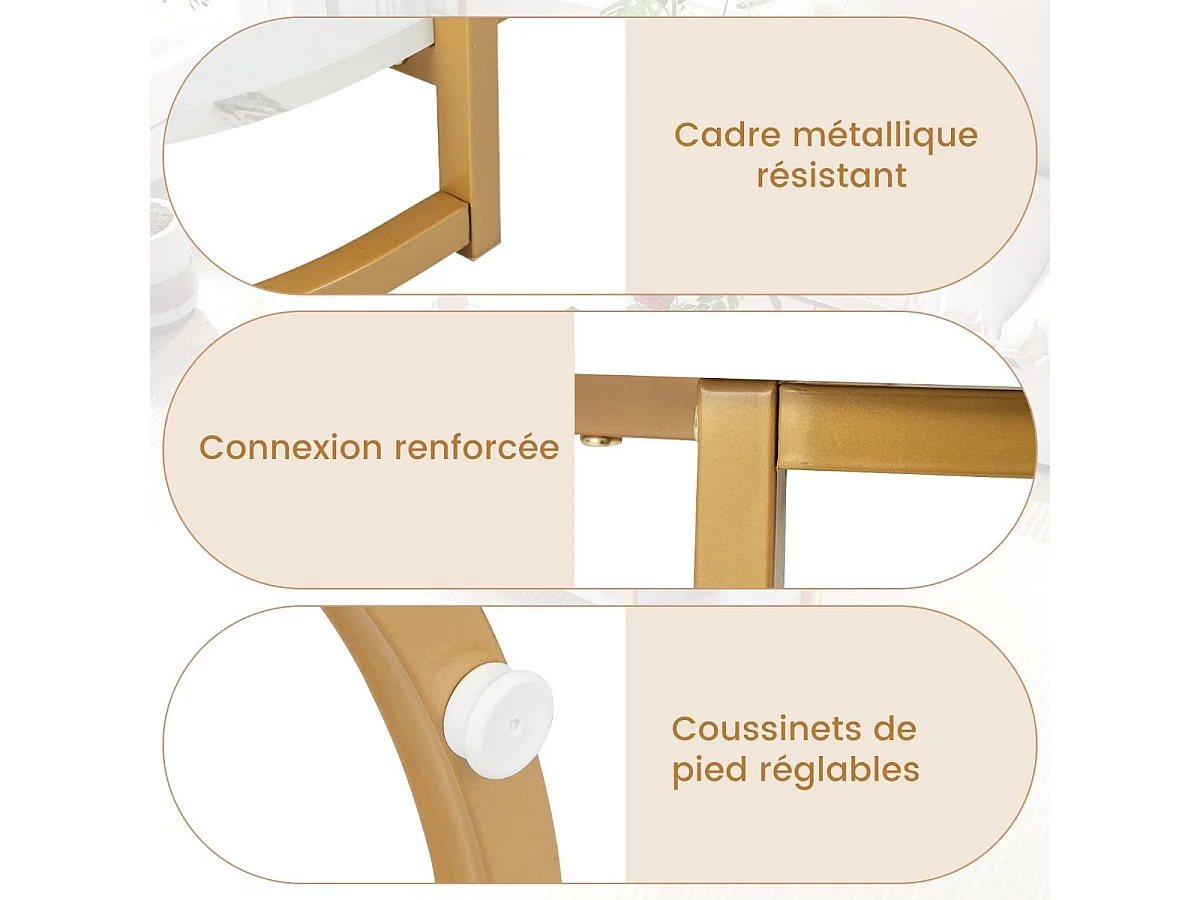 Table Basse Imprimée Marbre 2 Niveaux avec Cadre en Métal Doré, Table de Salon Scandinave avec Coussinets de Pied Réglables, 100 x 50 x 45 cm, Blanc