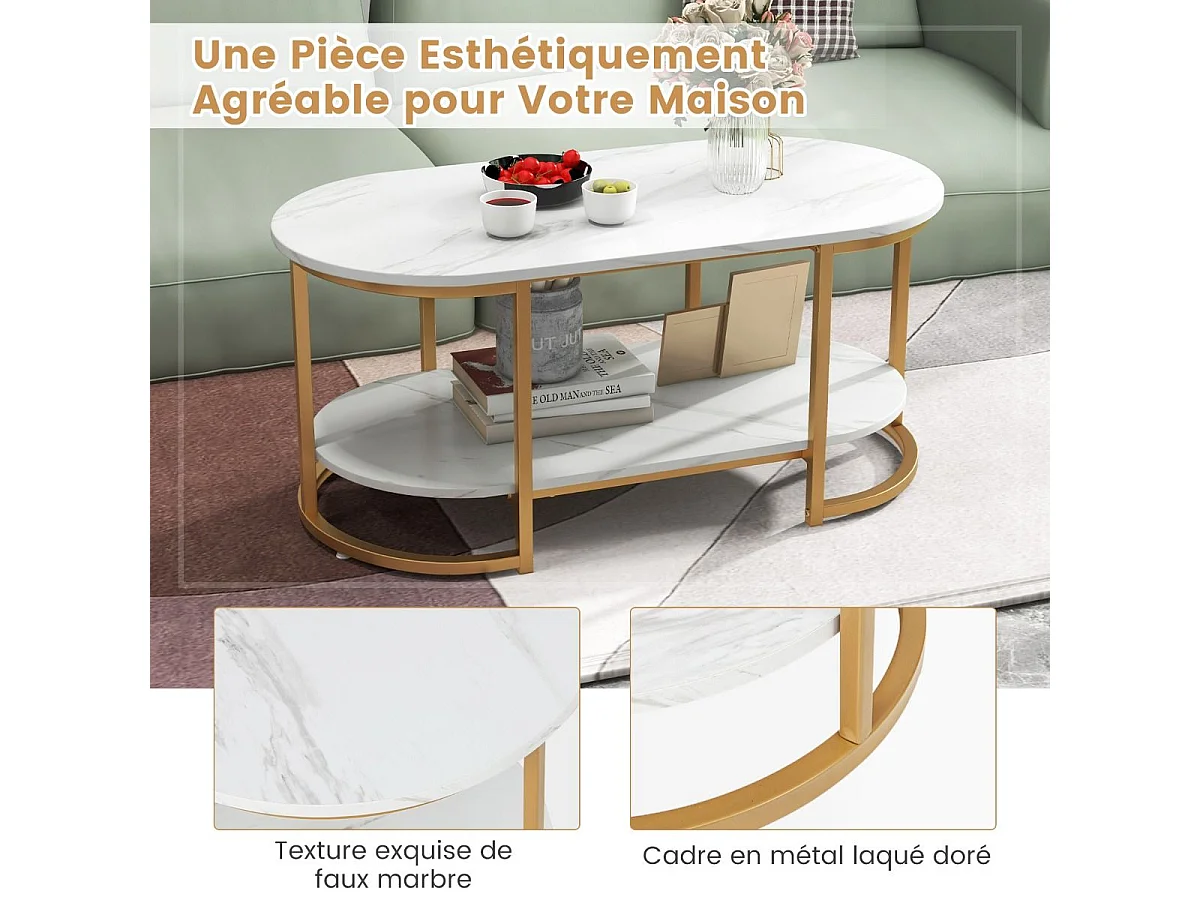 Table Basse Imprimée Marbre 2 Niveaux avec Cadre en Métal Doré, Table de Salon Scandinave avec Coussinets de Pied Réglables, 100 x 50 x 45 cm, Blanc