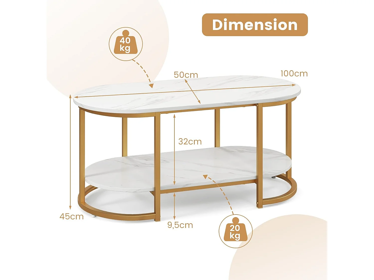 Table Basse Imprimée Marbre 2 Niveaux avec Cadre en Métal Doré, Table de Salon Scandinave avec Coussinets de Pied Réglables, 100 x 50 x 45 cm, Blanc