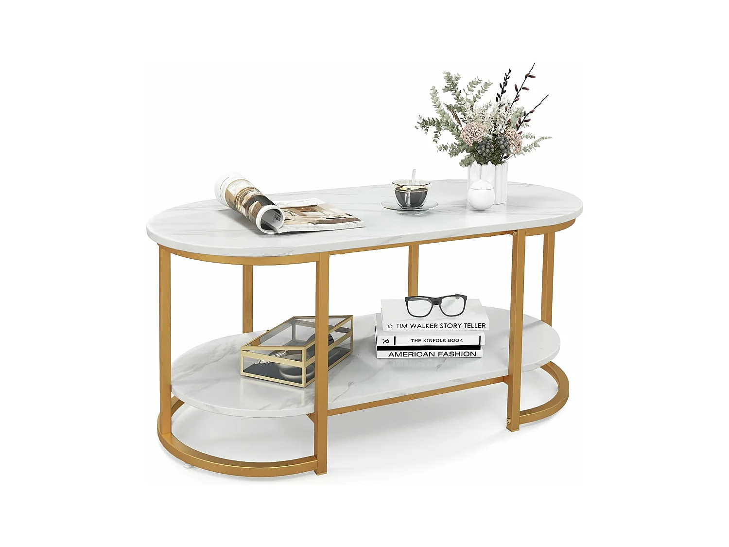 2-laags marmeren salontafel met gouden metalen frame, Scandinavische woonkamertafel met verstelbare voetkussens, 100 x 50 x 45 cm, wit