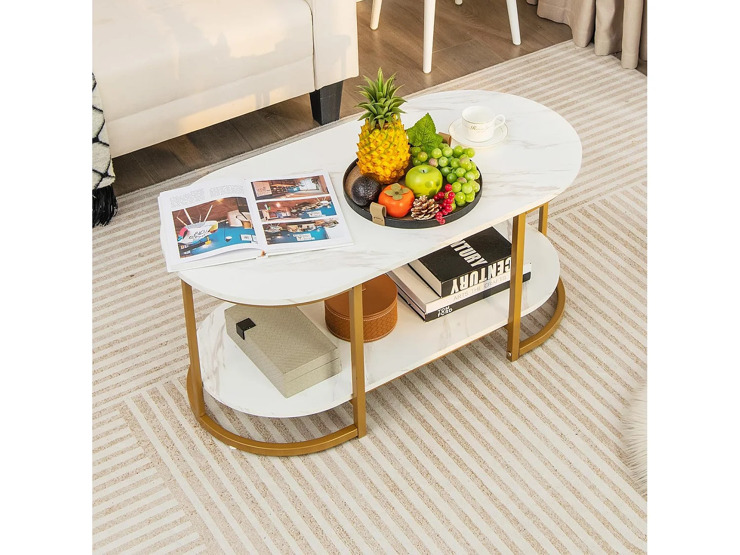 2-laags marmeren salontafel met gouden metalen frame, Scandinavische woonkamertafel met verstelbare voetkussens, 100 x 50 x 45 cm, wit