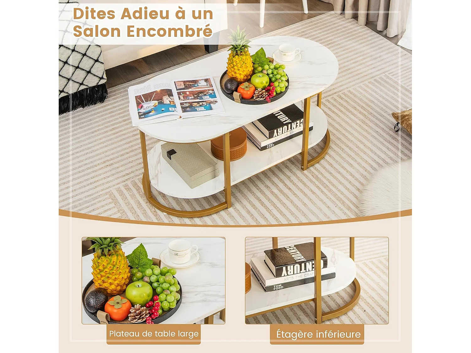 2-laags marmeren salontafel met gouden metalen frame, Scandinavische woonkamertafel met verstelbare voetkussens, 100 x 50 x 45 cm, wit