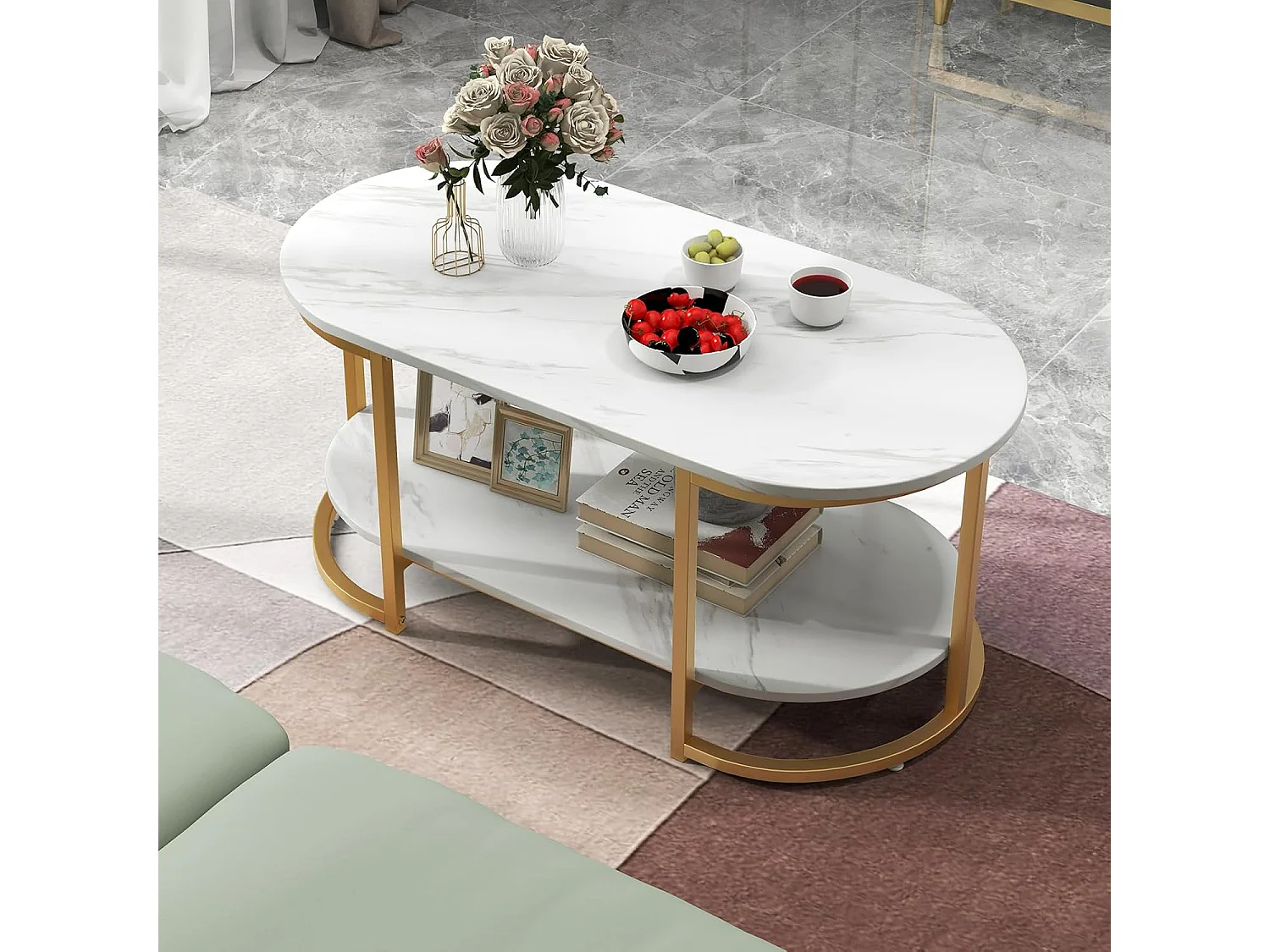 2-laags marmeren salontafel met gouden metalen frame, Scandinavische woonkamertafel met verstelbare voetkussens, 100 x 50 x 45 cm, wit