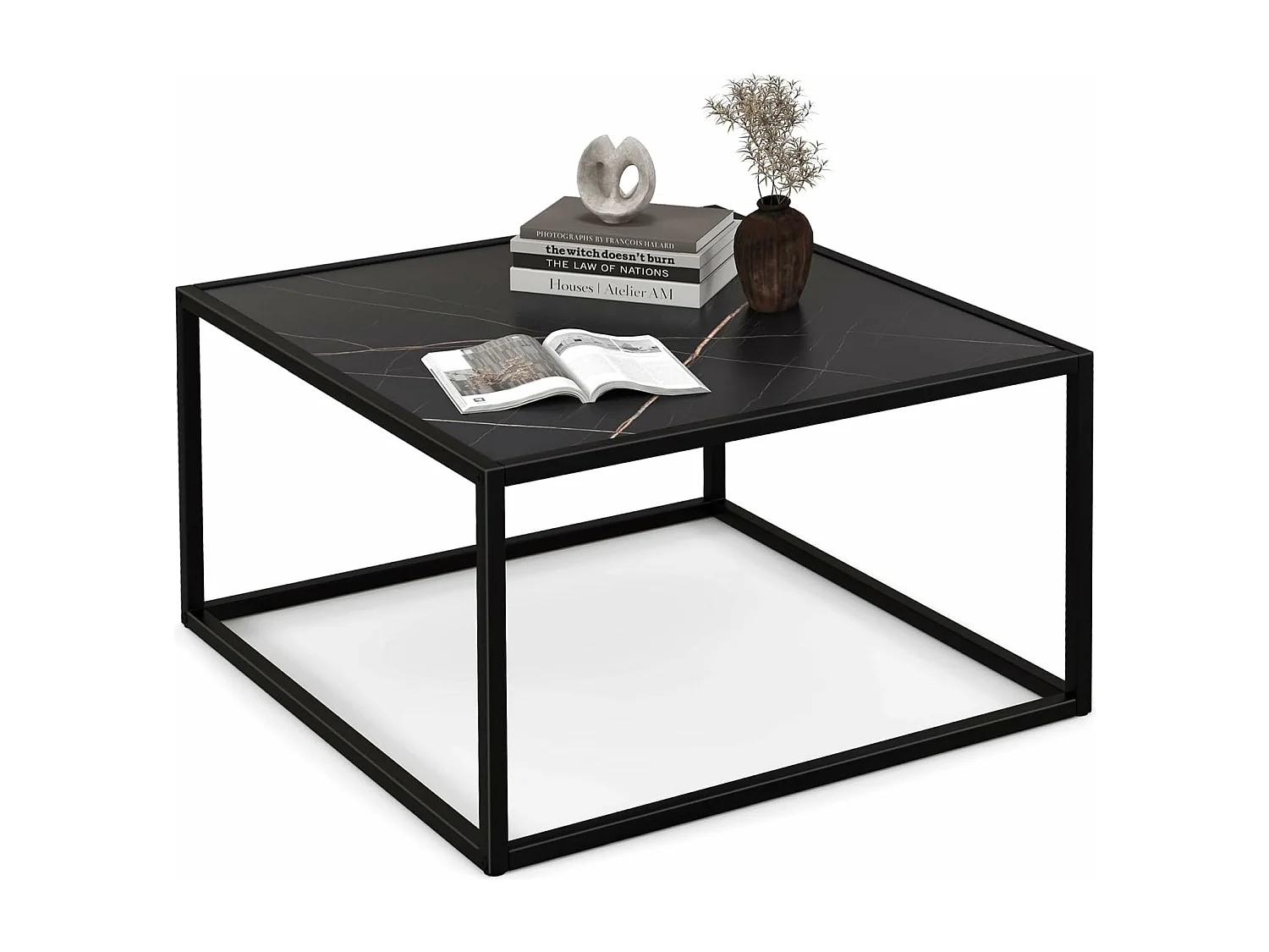 Table basse carrée, table basse salon faux marbre, cadre métal, 70 x 70 x 40cm