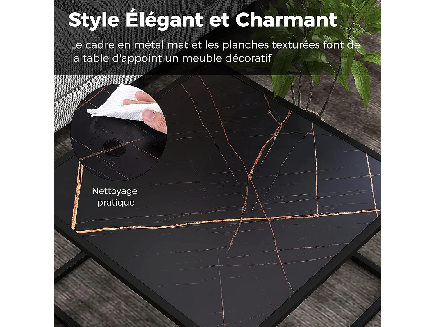 Table basse carrée, table basse salon faux marbre, cadre métal, 70 x 70 x 40cm