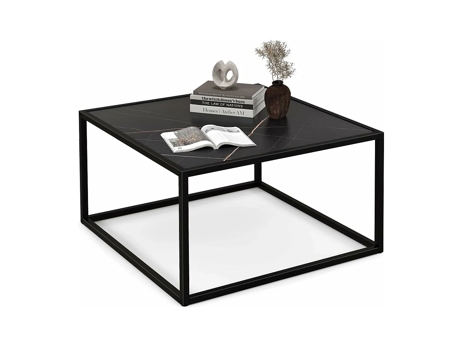 Table basse carrée, table basse salon faux marbre, cadre métal, 70 x 70 x 40cm