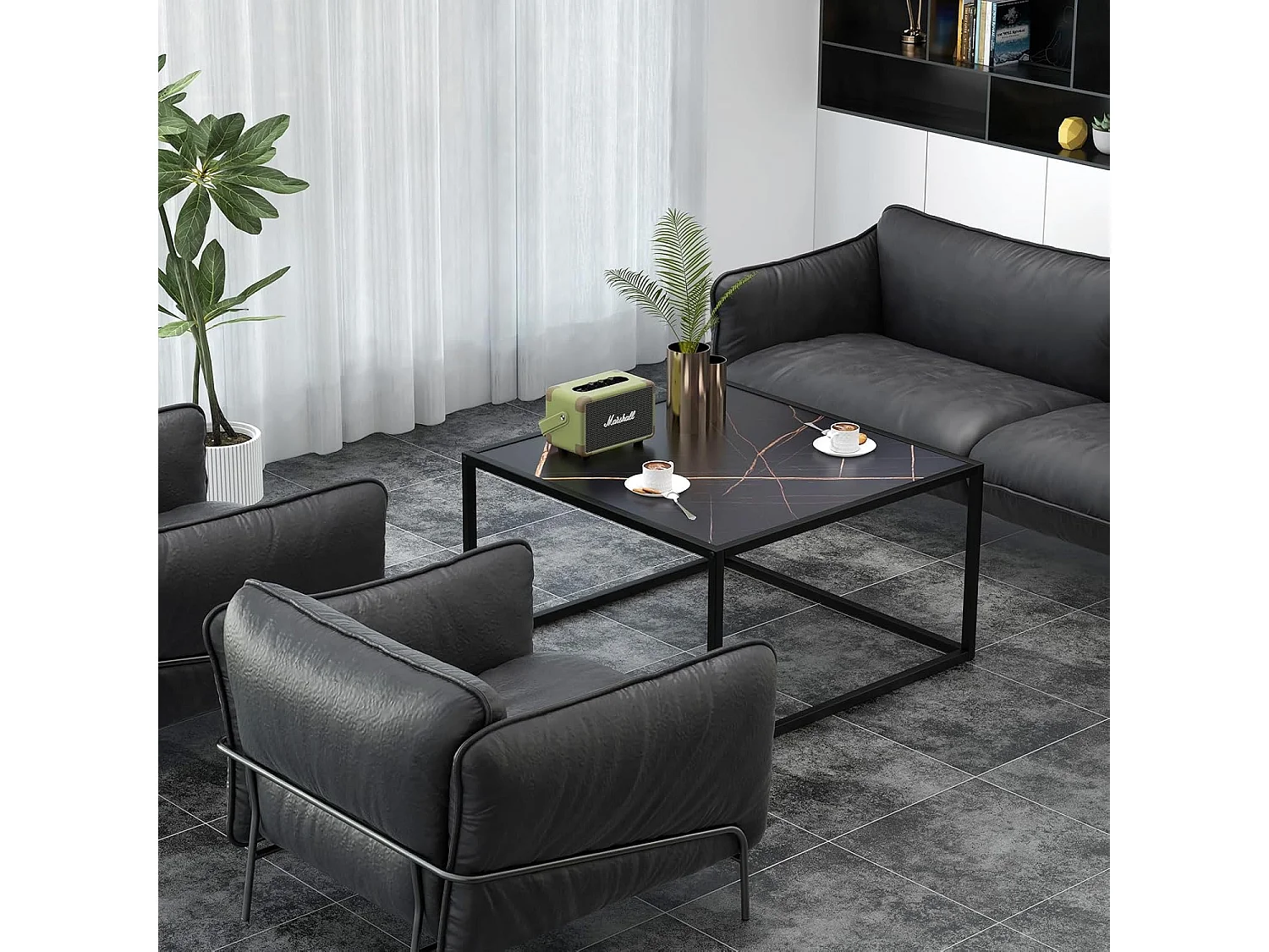 Table basse carrée, table basse salon faux marbre, cadre métal, 70 x 70 x 40cm