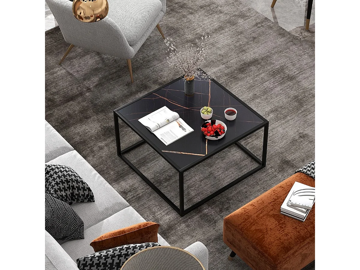 Table basse carrée, table basse salon faux marbre, cadre métal, 70 x 70 x 40cm