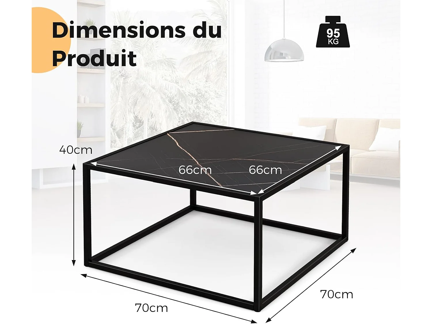 Table basse carrée, table basse salon faux marbre, cadre métal, 70 x 70 x 40cm