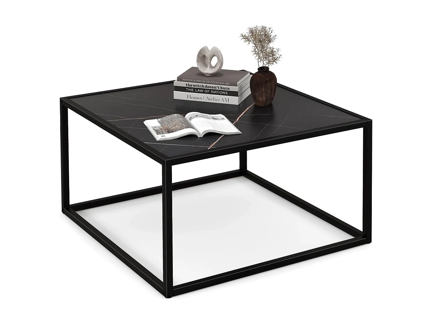 Table basse carrée, table basse salon faux marbre, cadre métal, 70 x 70 x 40cm