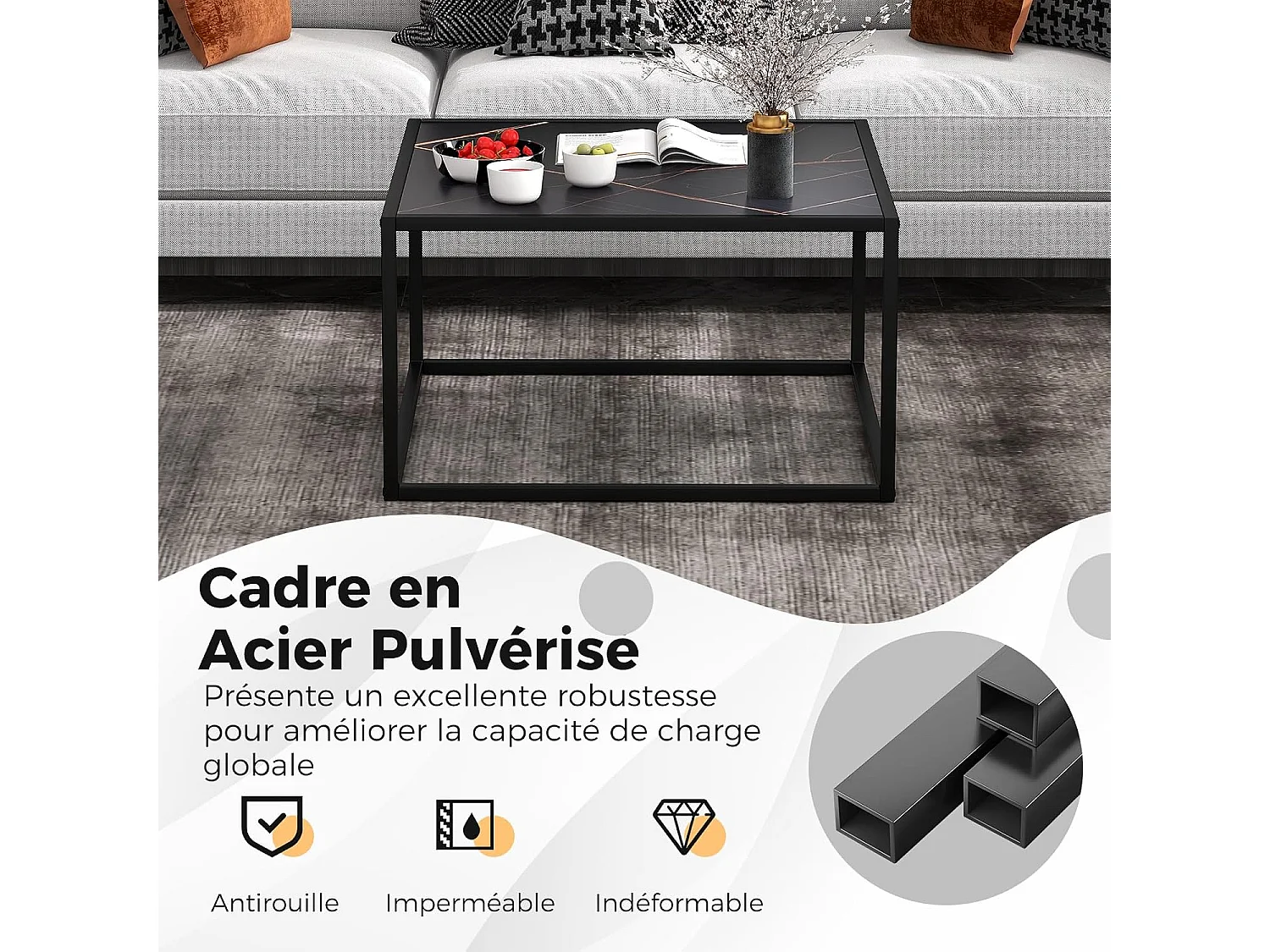 Table basse carrée, table basse salon faux marbre, cadre métal, 70 x 70 x 40cm