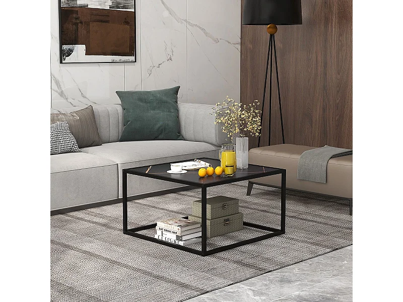 Table basse carrée, table basse salon faux marbre, cadre métal, 70 x 70 x 40cm