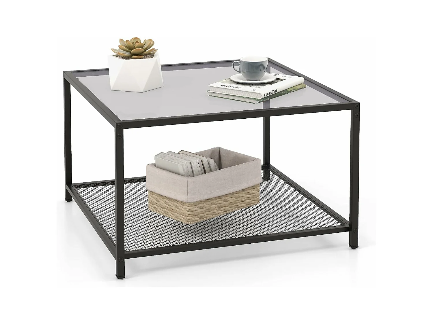 Table basse carrée, table basse verre avec étagère en maille, noir 70 x 70 x 45 cm (gris)