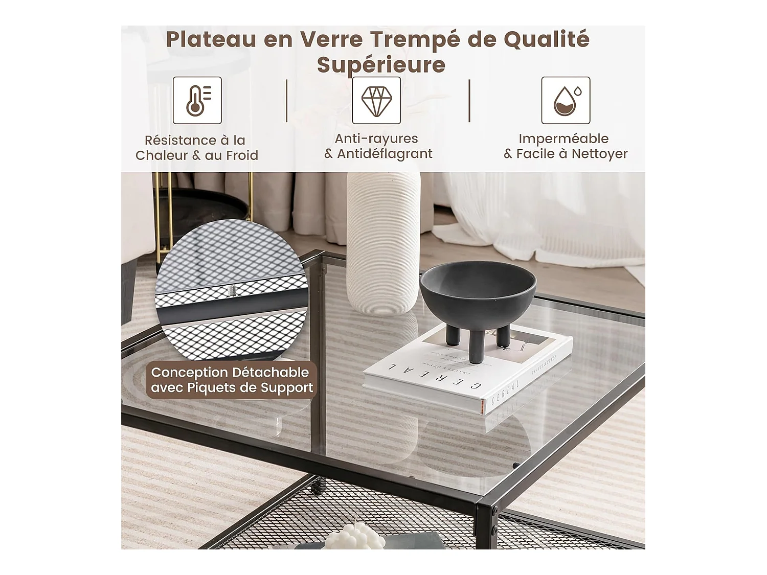 Table basse carrée, table basse verre avec étagère en maille, noir 70 x 70 x 45 cm (gris)