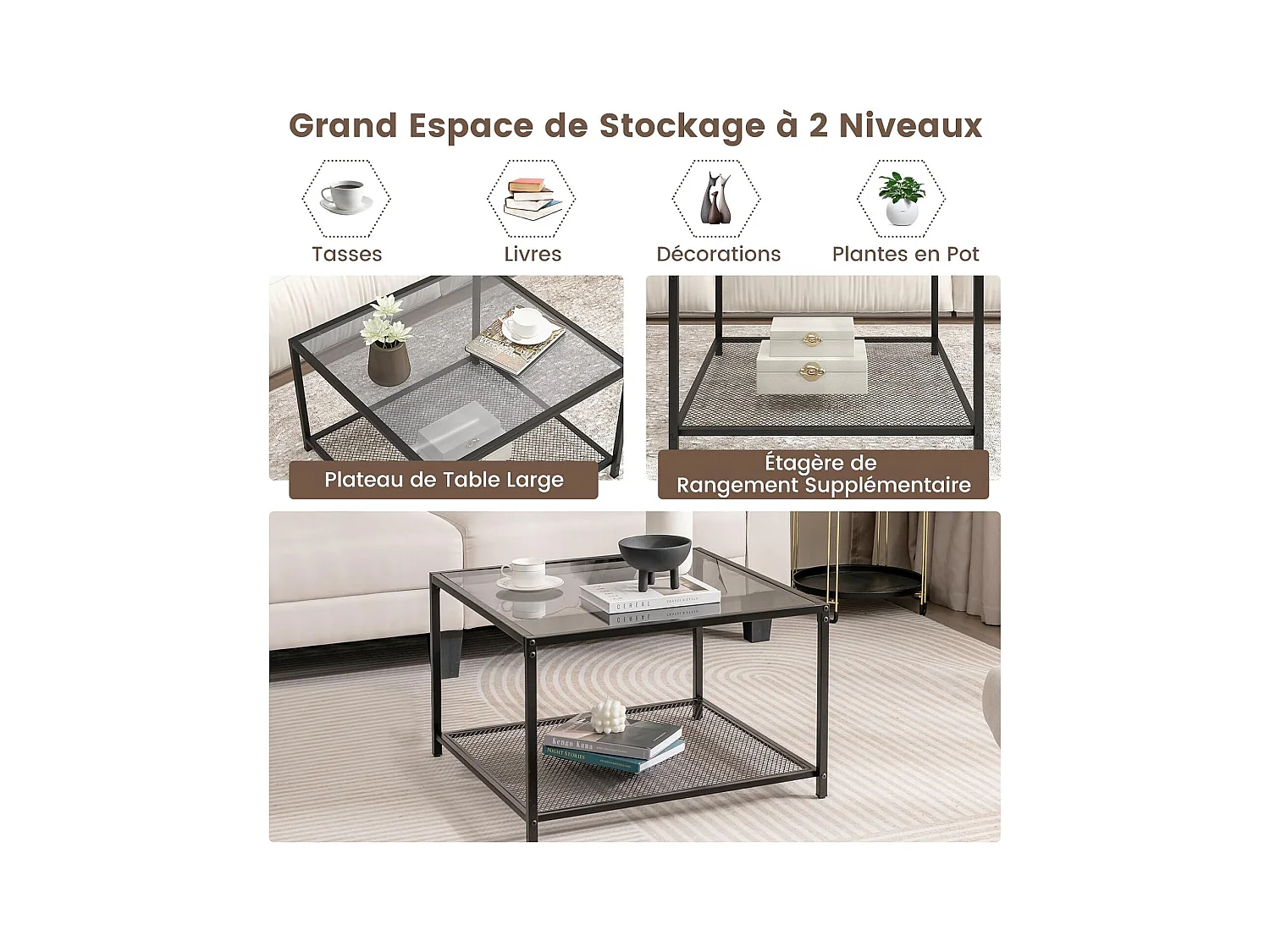 Table basse carrée, table basse verre avec étagère en maille, noir 70 x 70 x 45 cm (gris)