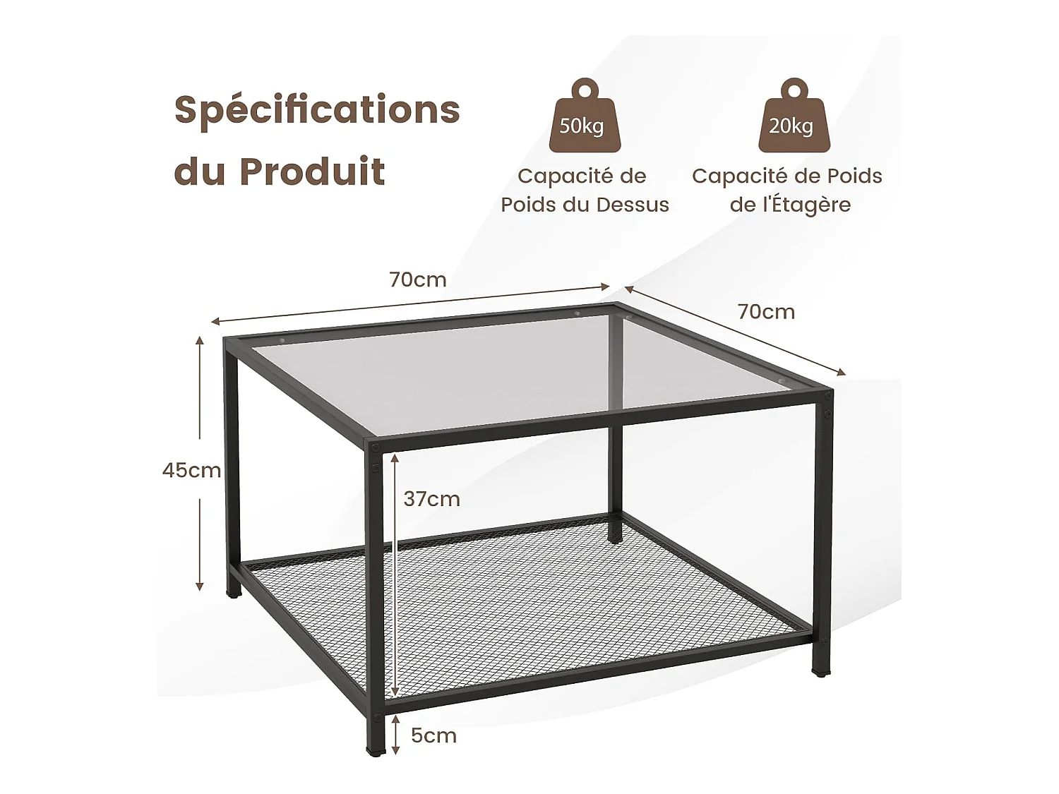 Table basse carrée, table basse verre avec étagère en maille, noir 70 x 70 x 45 cm (gris)