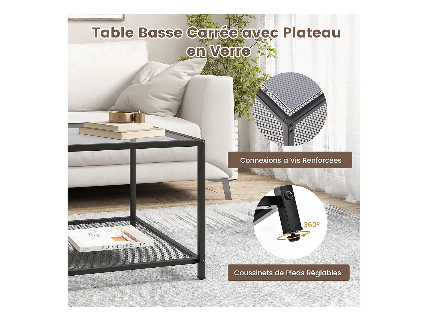 Table basse carrée, table basse verre avec étagère en maille, noir 70 x 70 x 45 cm (gris)