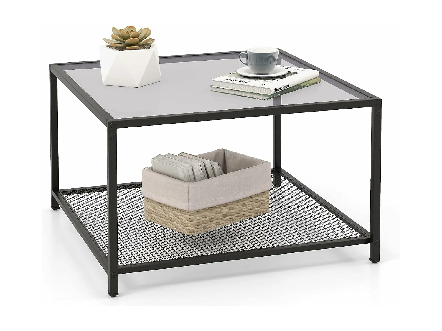 Table basse carrée, table basse verre avec étagère en maille, noir 70 x 70 x 45 cm (gris)