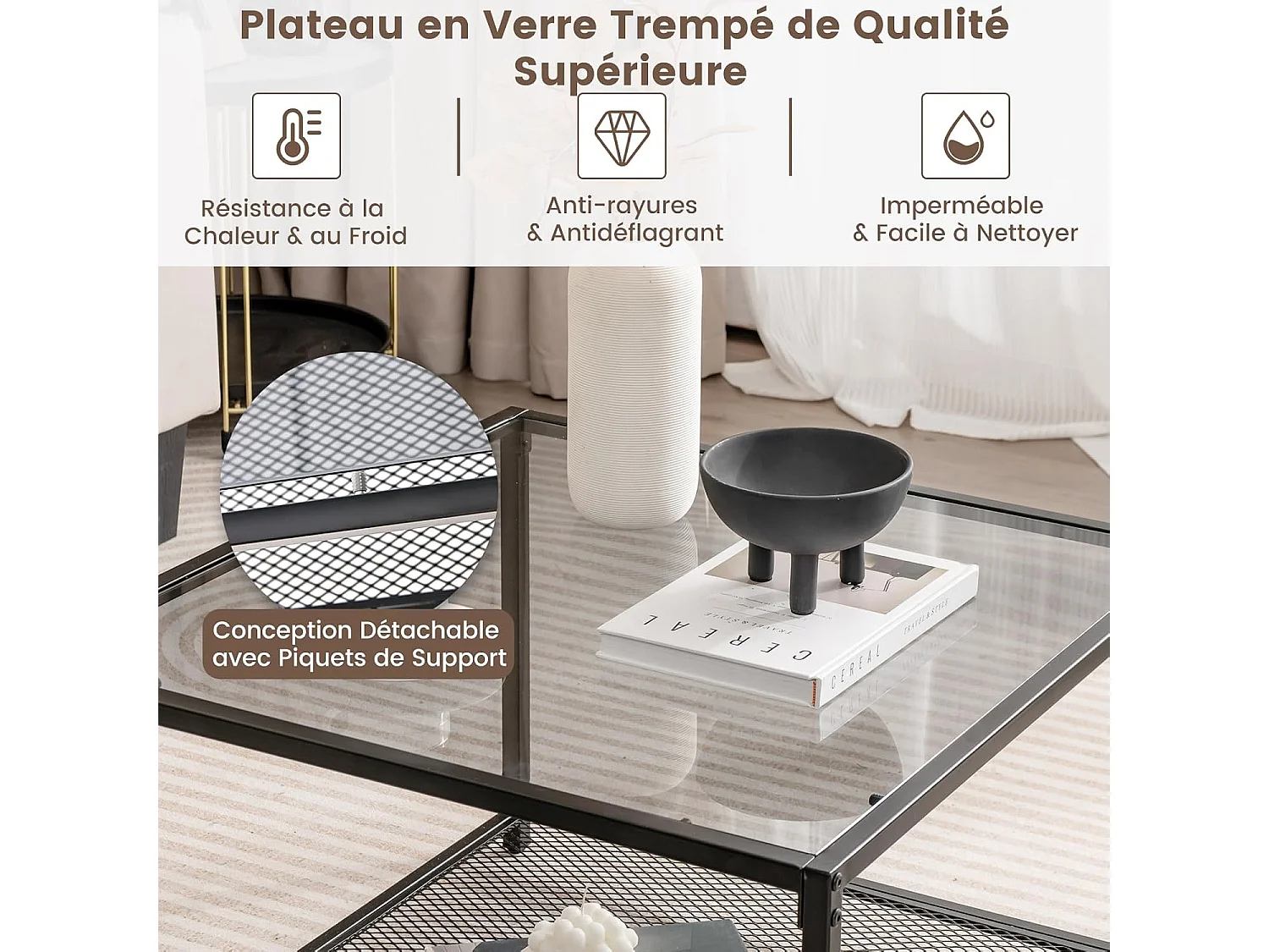 Table basse carrée, table basse verre avec étagère en maille, noir 70 x 70 x 45 cm (gris)
