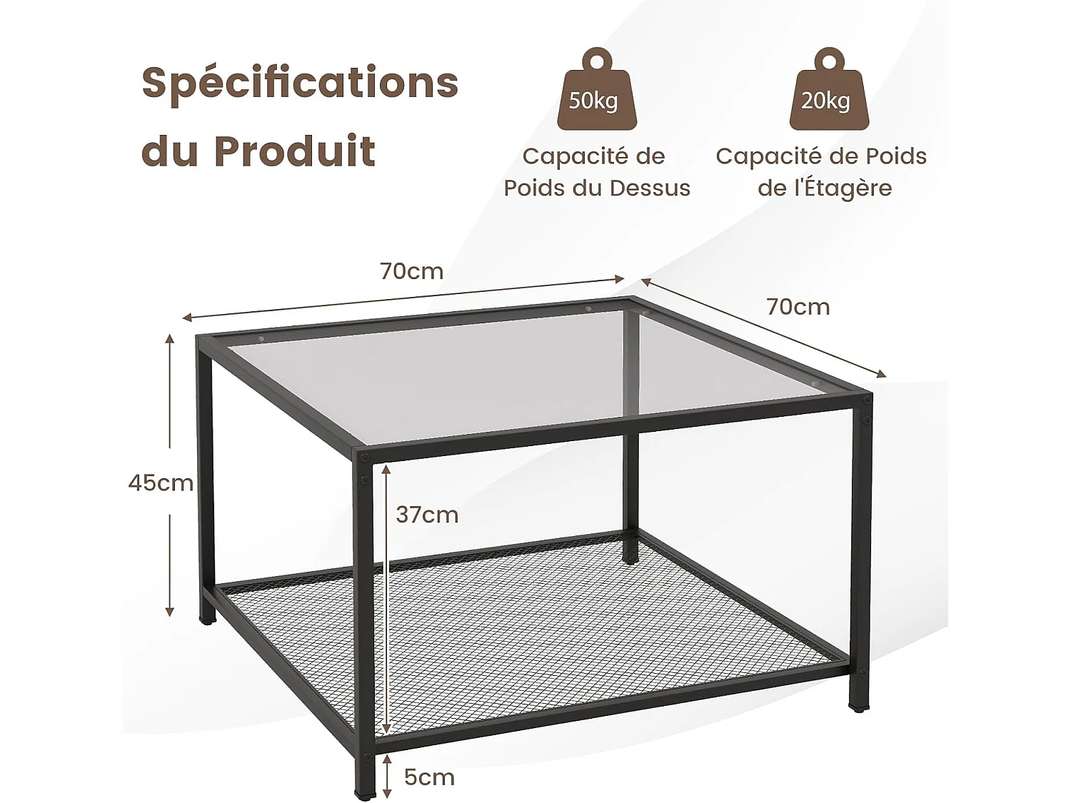 Table basse carrée, table basse verre avec étagère en maille, noir 70 x 70 x 45 cm (gris)