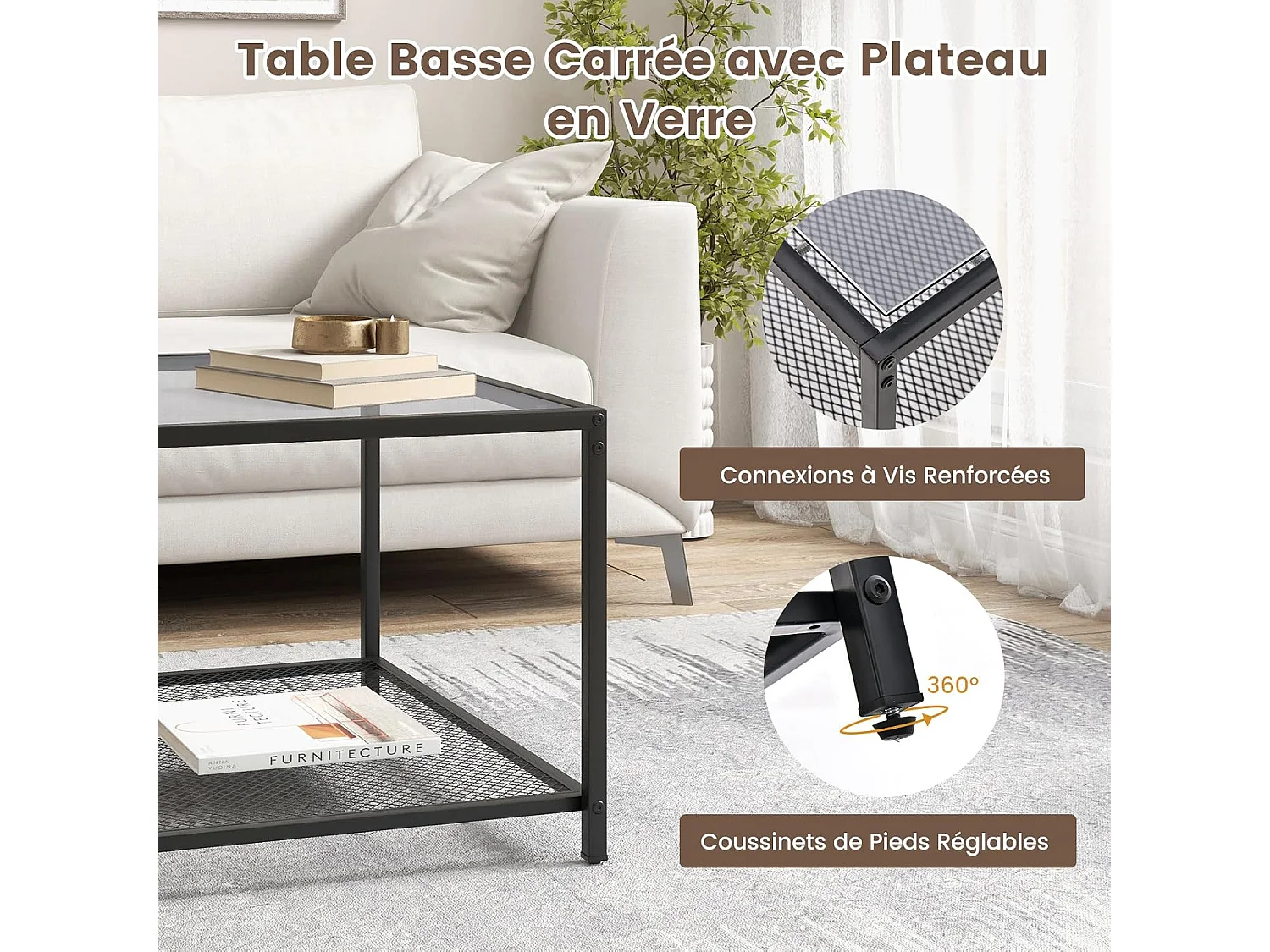 Table basse carrée, table basse verre avec étagère en maille, noir 70 x 70 x 45 cm (gris)