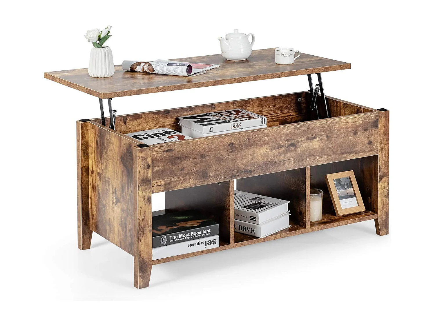 Table Basse avec Plateau Relevable Noir 105 x 52 x 49 CM avec Trois Compartiments pour Rangement Design Contemporain, Naturel