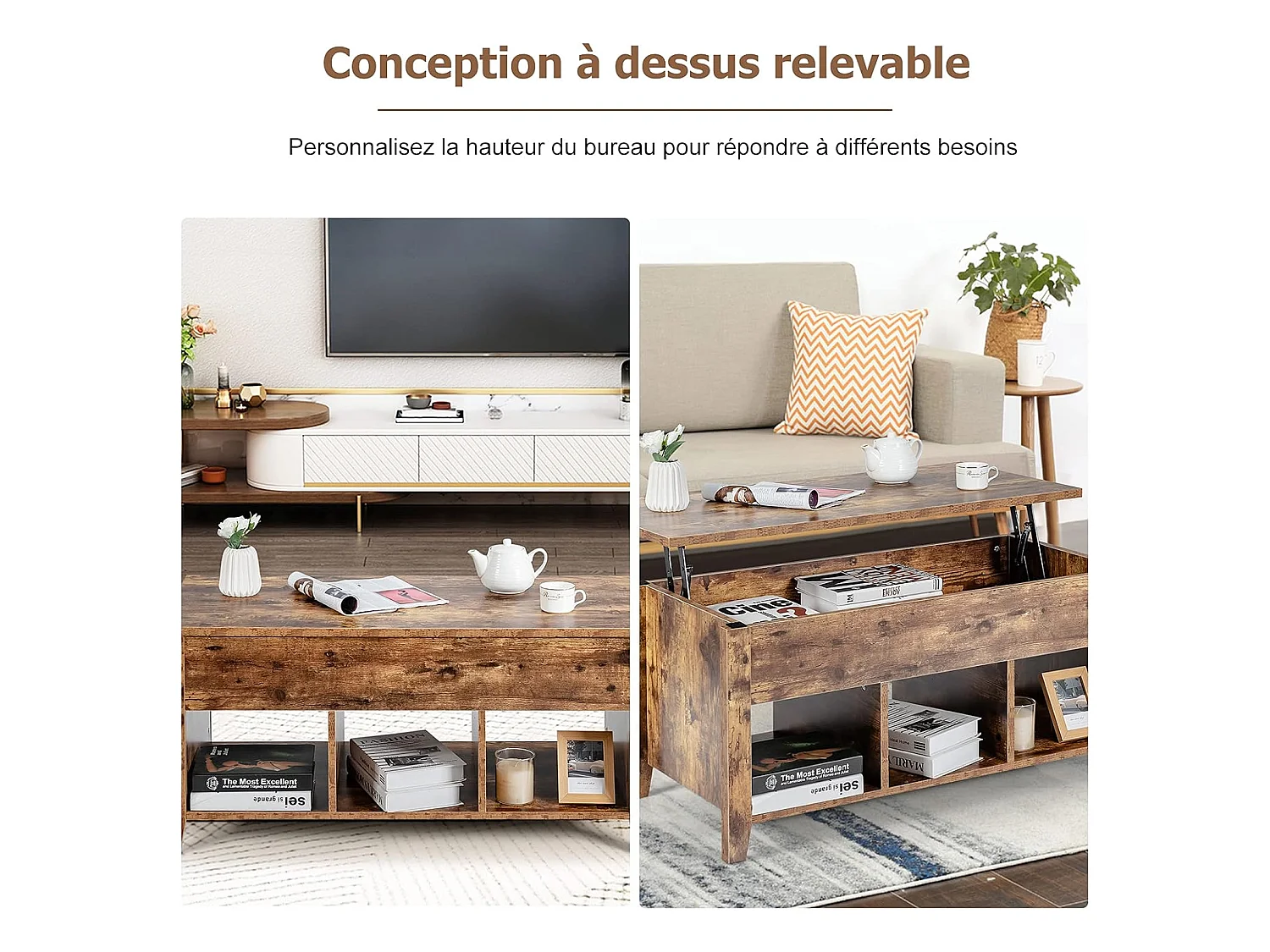 Table Basse avec Plateau Relevable Noir 105 x 52 x 49 CM avec Trois Compartiments pour Rangement Design Contemporain, Naturel