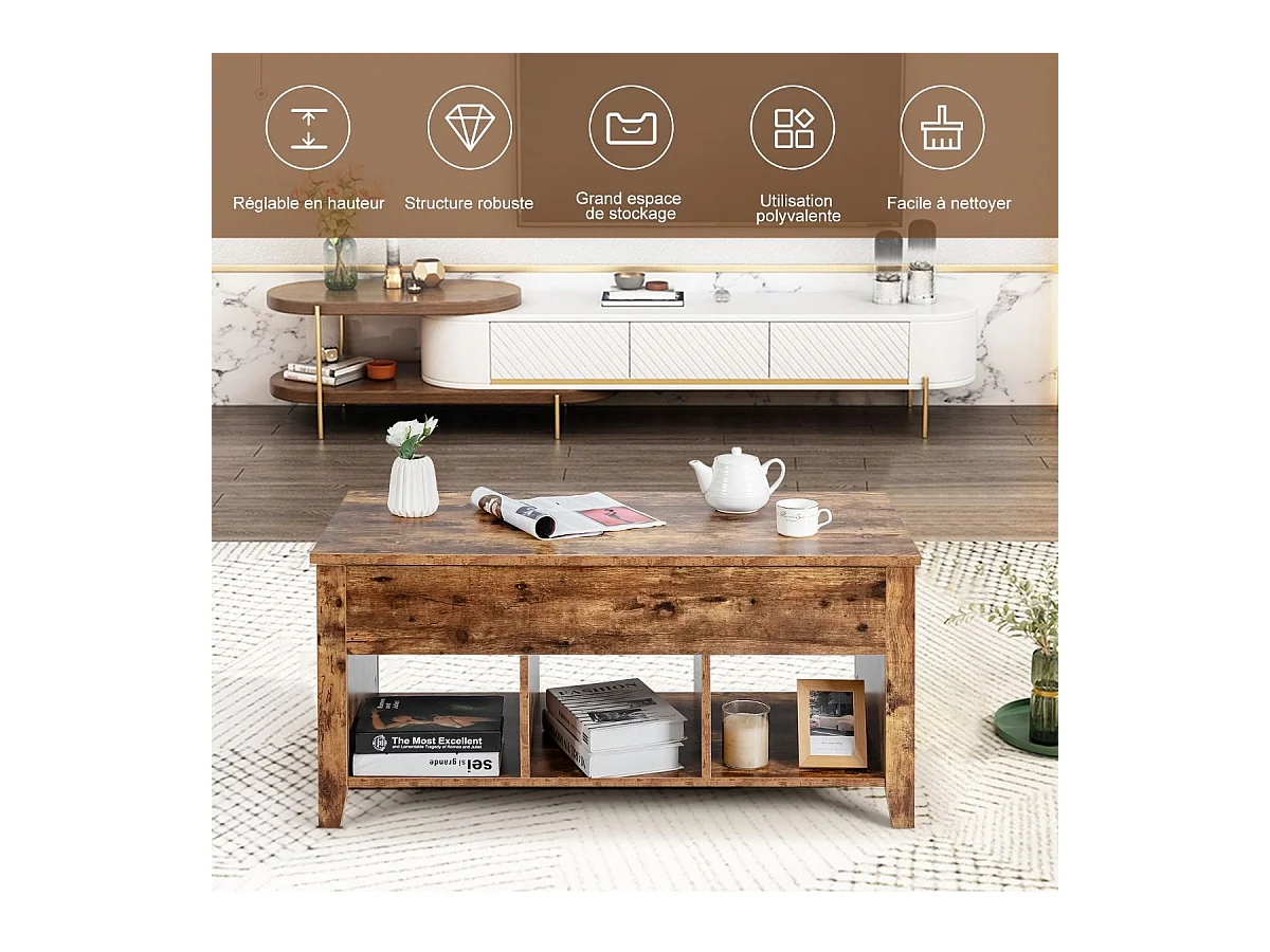 Table Basse avec Plateau Relevable Noir 105 x 52 x 49 CM avec Trois Compartiments pour Rangement Design Contemporain, Naturel