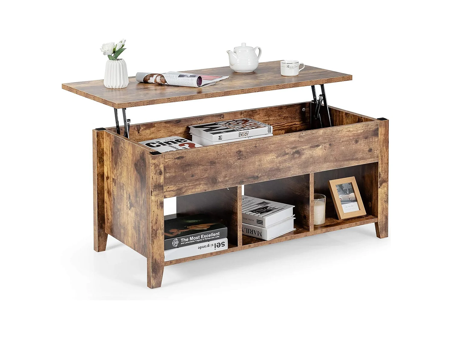 Table Basse avec Plateau Relevable Noir 105 x 52 x 49 CM avec Trois Compartiments pour Rangement Design Contemporain, Naturel