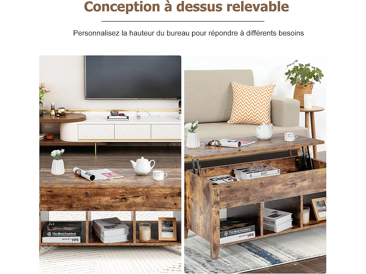 Table Basse avec Plateau Relevable Noir 105 x 52 x 49 CM avec Trois Compartiments pour Rangement Design Contemporain, Naturel