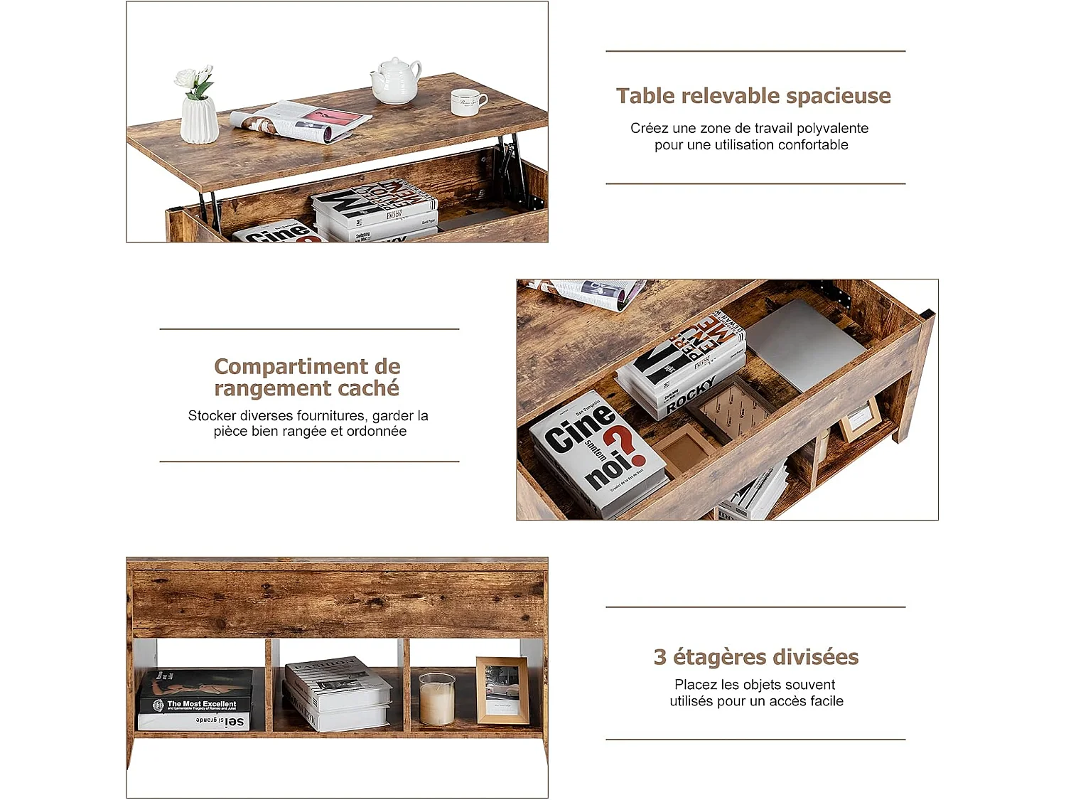 Table Basse avec Plateau Relevable Noir 105 x 52 x 49 CM avec Trois Compartiments pour Rangement Design Contemporain, Naturel