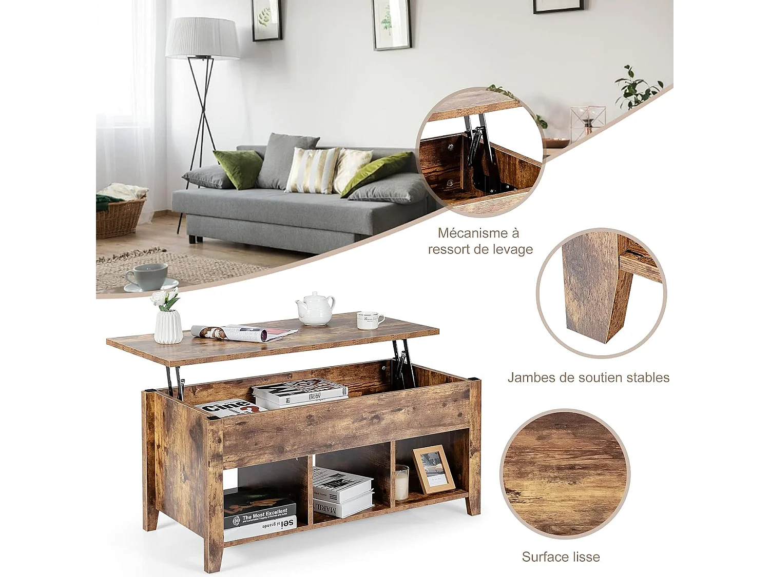 Table Basse avec Plateau Relevable Noir 105 x 52 x 49 CM avec Trois Compartiments pour Rangement Design Contemporain, Naturel