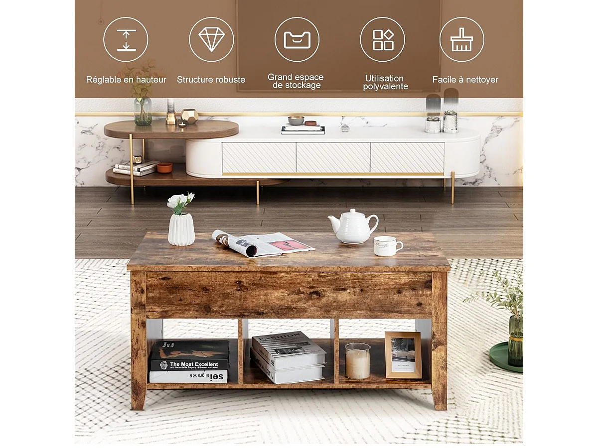 Table Basse avec Plateau Relevable Noir 105 x 52 x 49 CM avec Trois Compartiments pour Rangement Design Contemporain, Naturel