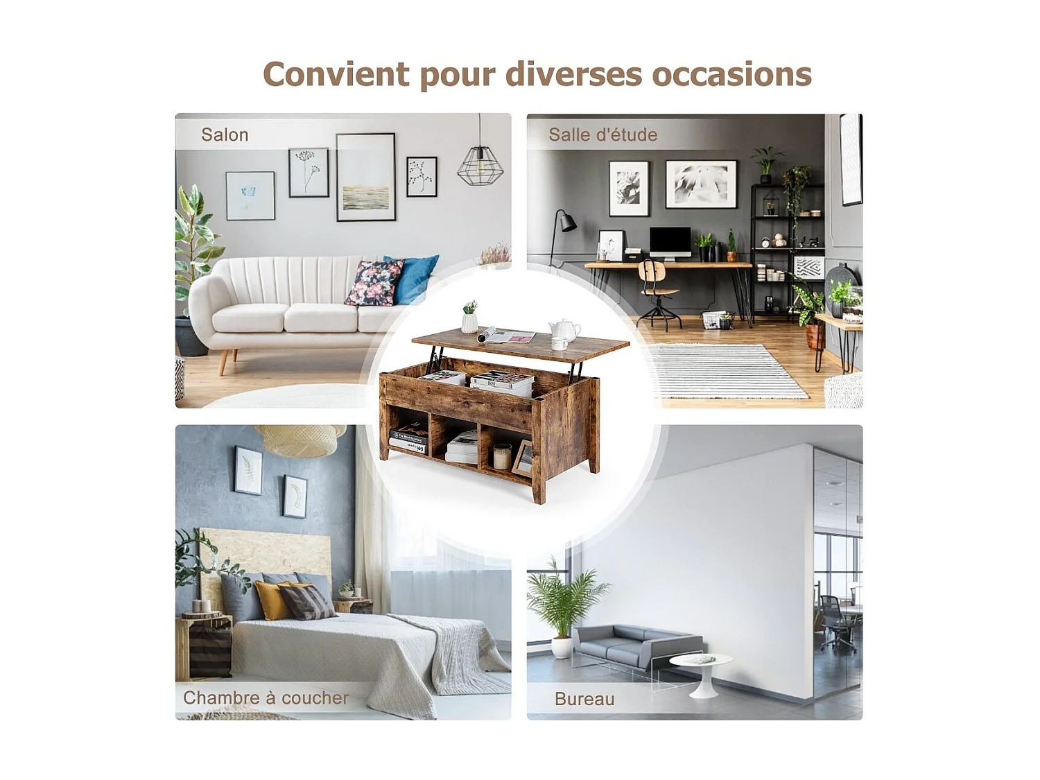 Table Basse avec Plateau Relevable Noir 105 x 52 x 49 CM avec Trois Compartiments pour Rangement Design Contemporain, Naturel