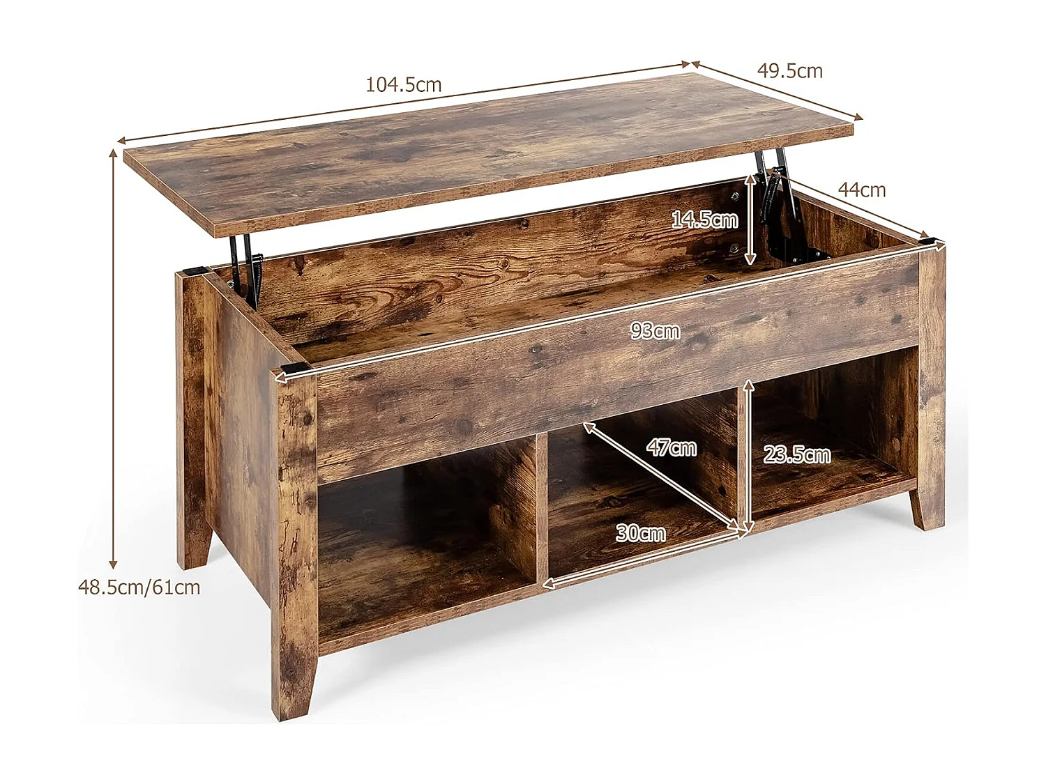 Table Basse avec Plateau Relevable Noir 105 x 52 x 49 CM avec Trois Compartiments pour Rangement Design Contemporain, Naturel