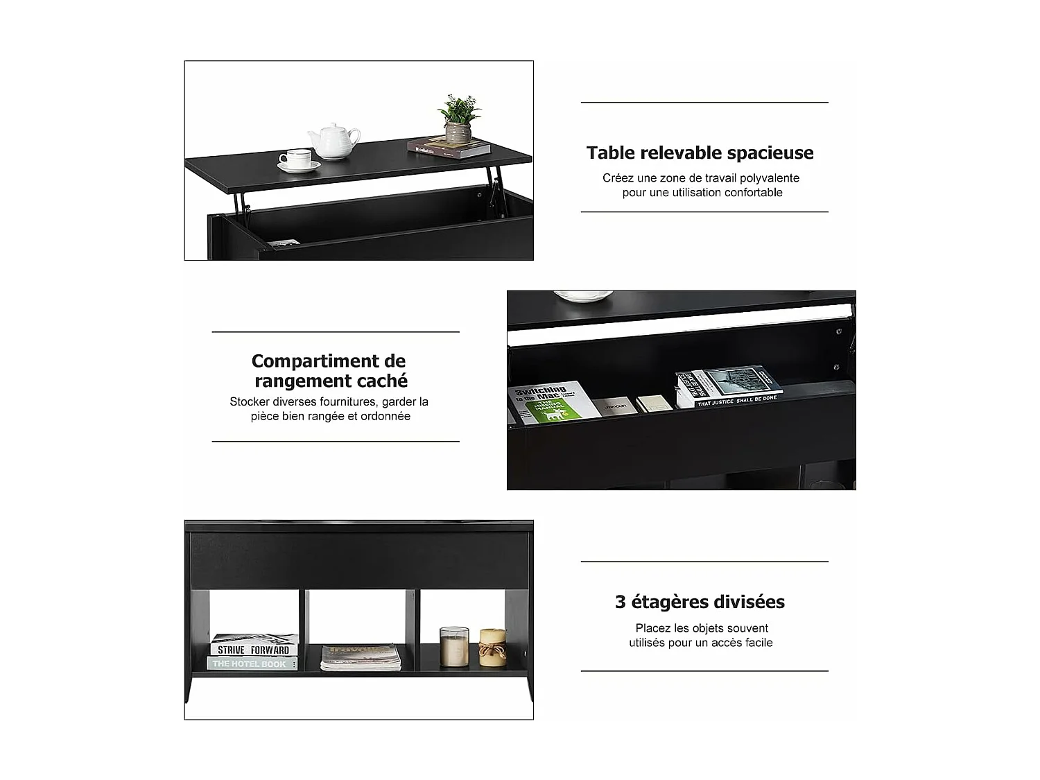 Table basse avec plateau relevable noir 104,5 x 49,5 x 48,5 cm avec trois naturel noir