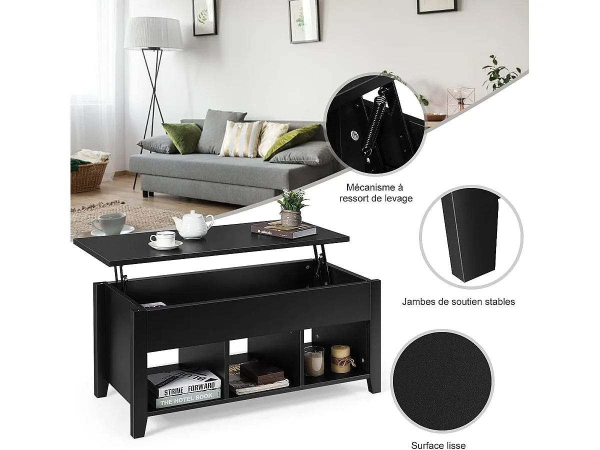 Table basse avec plateau relevable noir 104,5 x 49,5 x 48,5 cm avec trois naturel noir