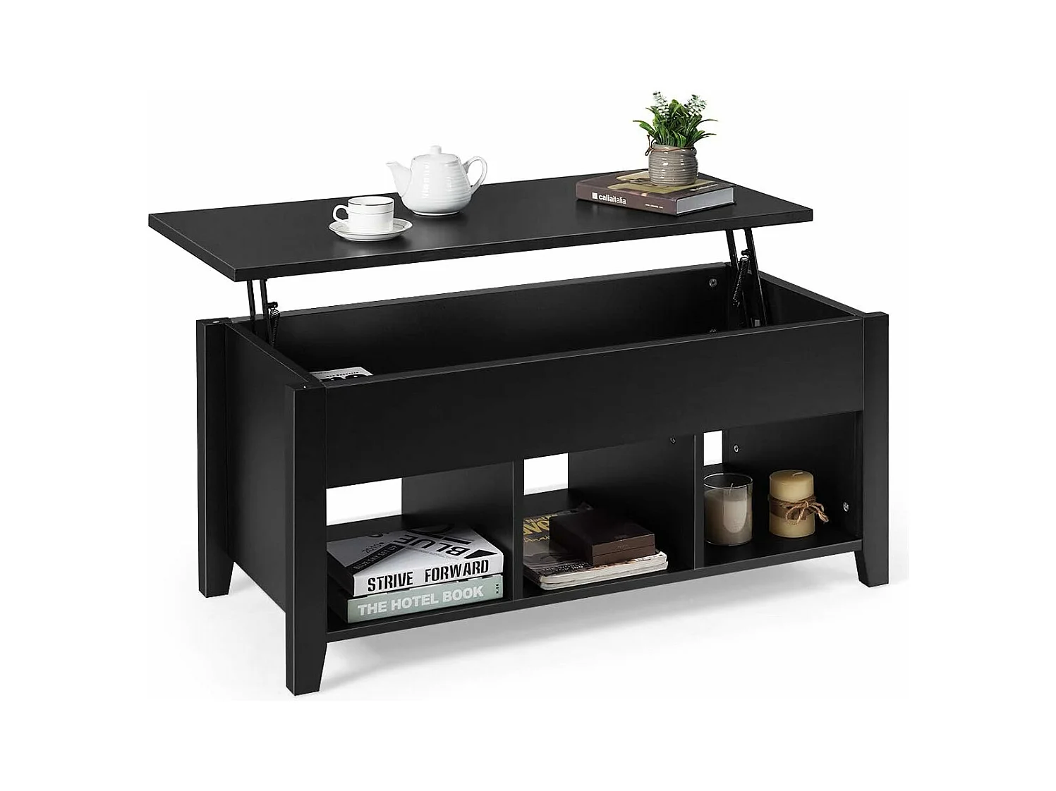 Table basse avec plateau relevable noir 104,5 x 49,5 x 48,5 cm avec trois naturel noir