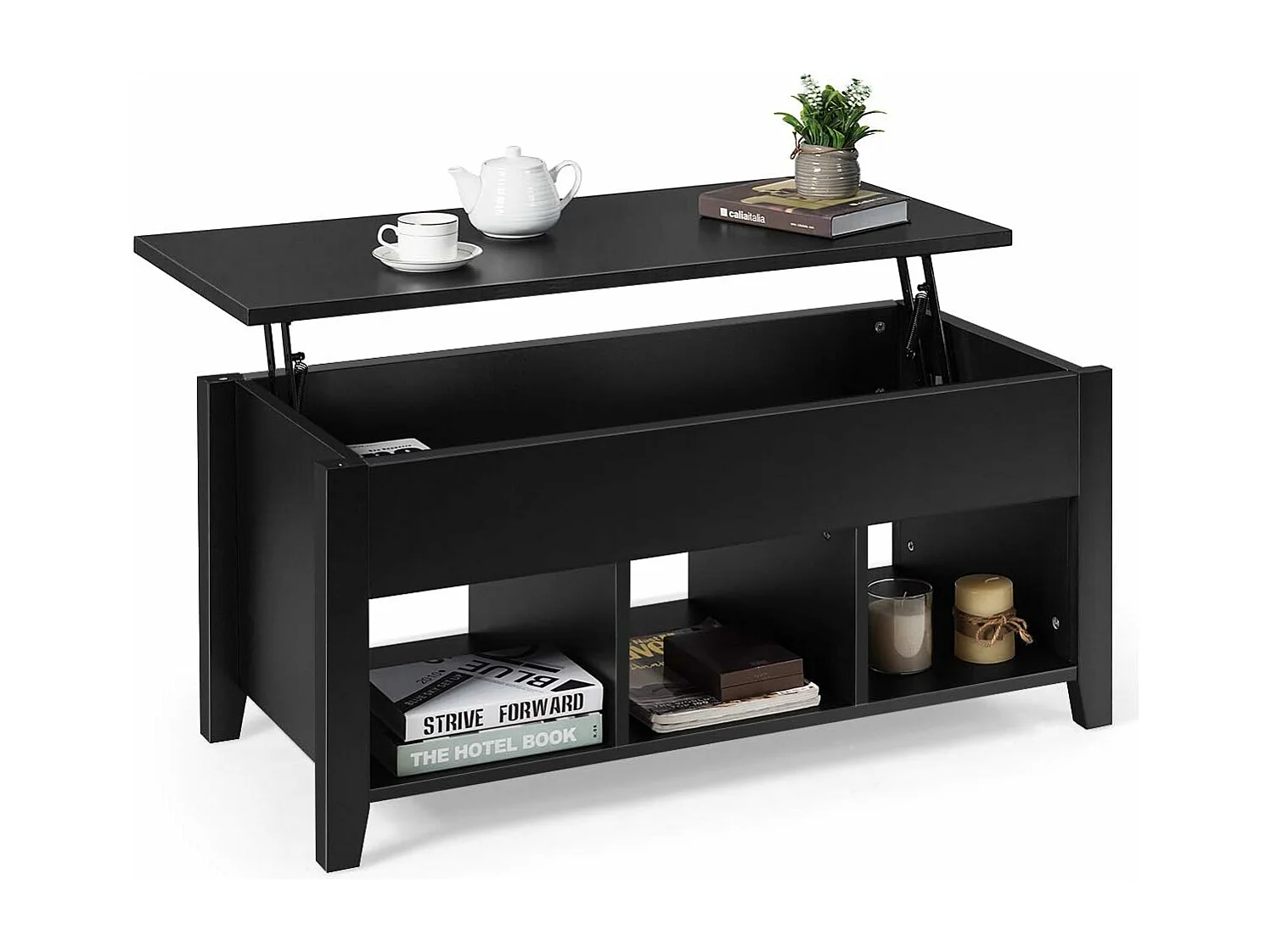 Table basse avec plateau relevable noir 104,5 x 49,5 x 48,5 cm avec trois naturel noir