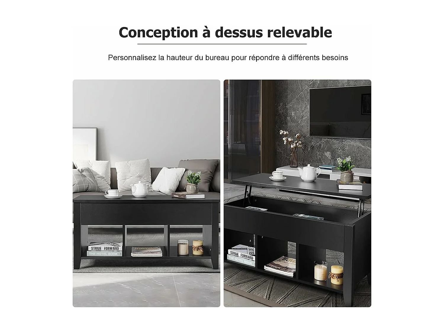 Table basse avec plateau relevable noir 104,5 x 49,5 x 48,5 cm avec trois naturel noir