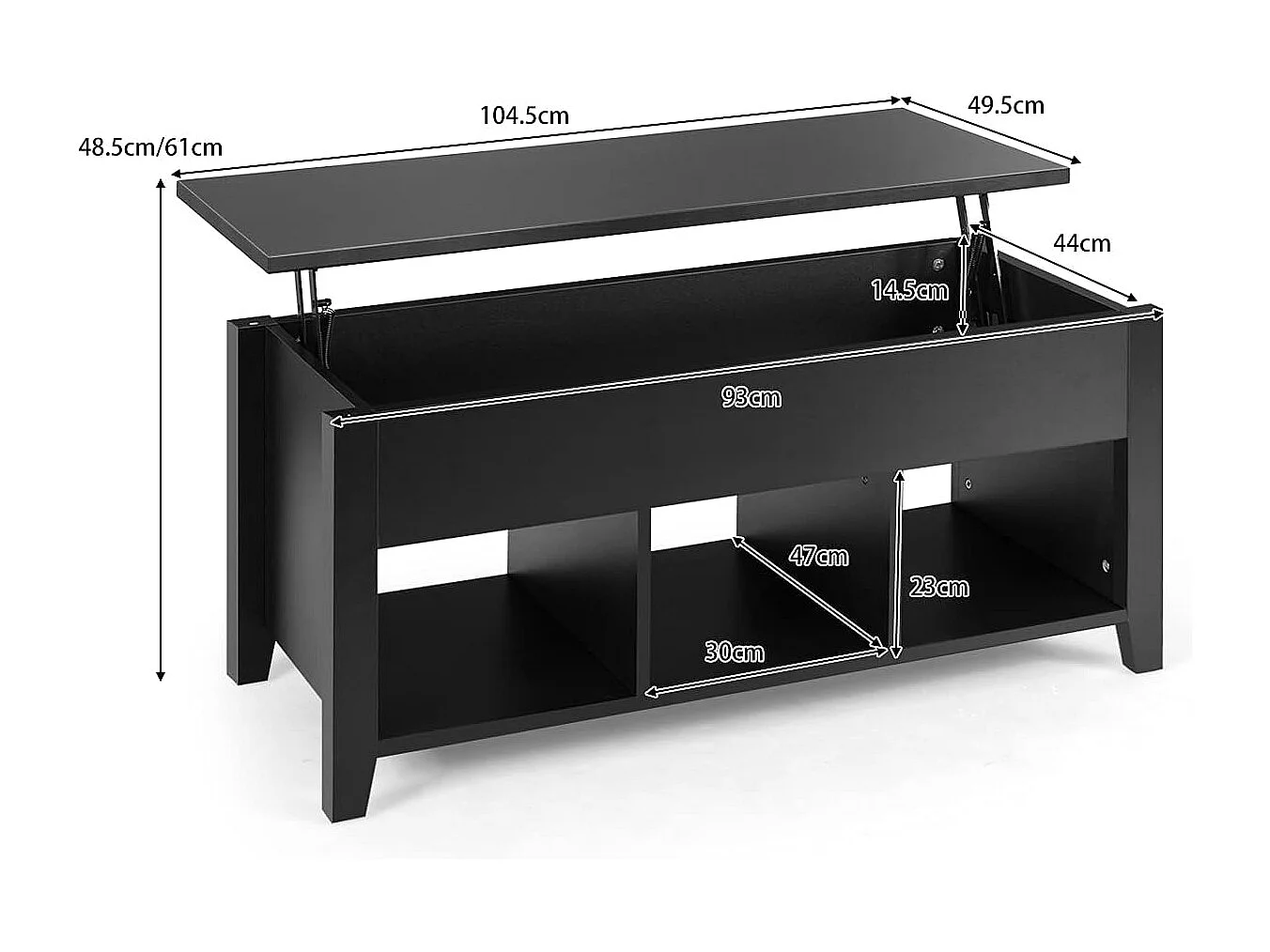 Table basse avec plateau relevable noir 104,5 x 49,5 x 48,5 cm avec trois naturel noir