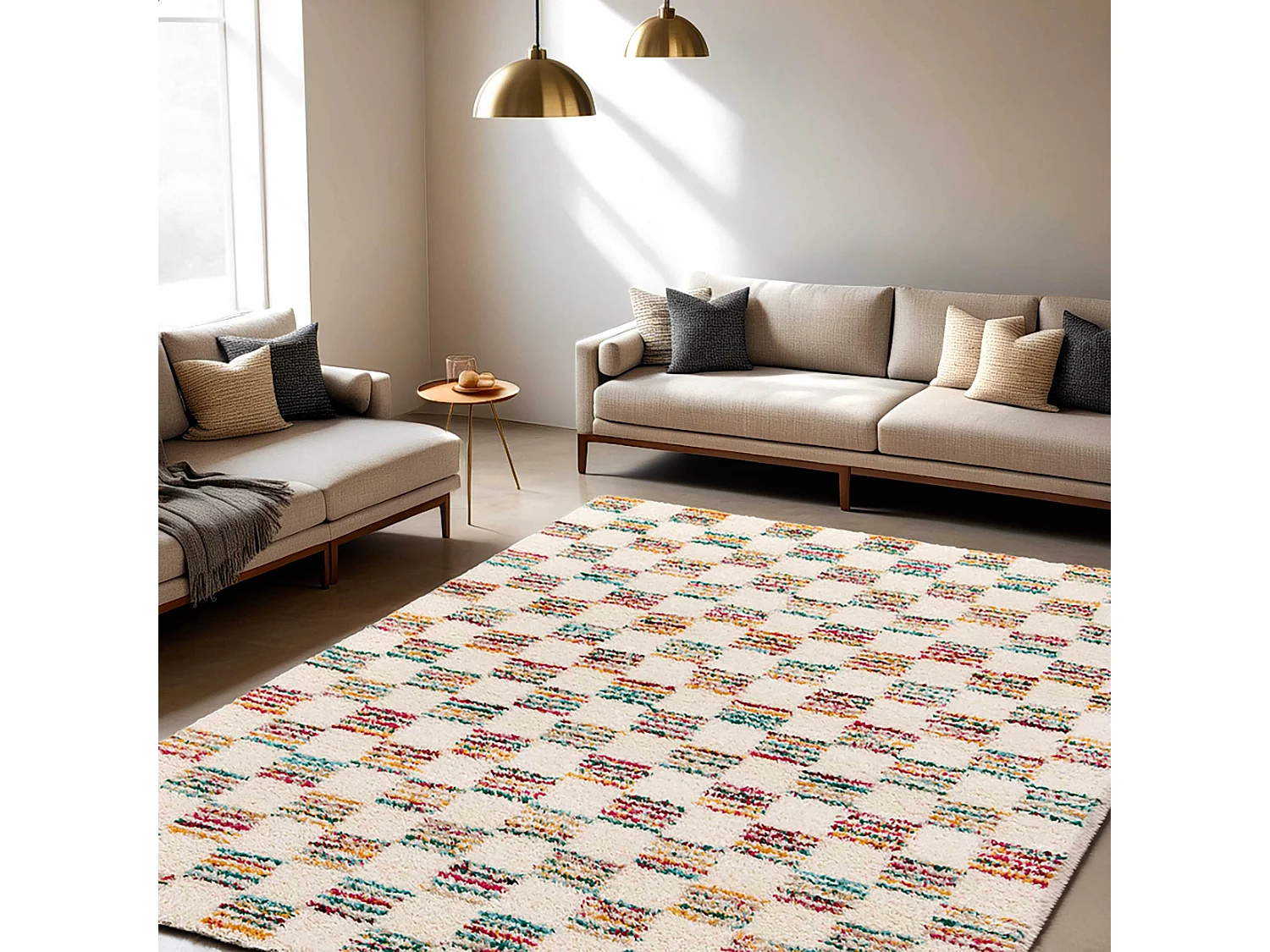 Tapis rectangulaire à poils longs motif carré multicolore 160 x 230 cm